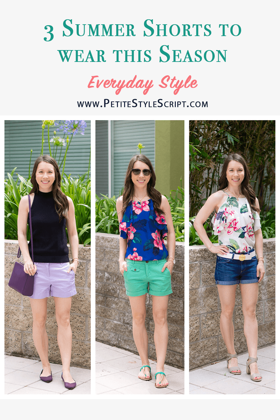 Three Ways to Wear Summer Shorts | Rothy's ballet flats in purple wine with J. Crew Factory lilac shorts and Lo & Son's crossbody bag | Banana Republic shorts and floral top with M. Gemi Attorno sandals | Paige denim shorts with floral top and Tory Burch reversible belt | Petite fashion and style blog with KonMari Philosophy in fashion and capsule wardrobe