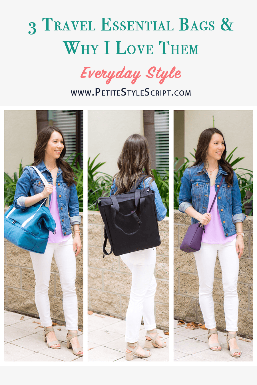 3 Travel Essentials I'm Loving this Season | Smart & Stylish Travel Bags | Lo & Sons Review | Lo & Sons Pearl crossbody bag | Edgemont Backpack | Catalina Deluxe Tote Bag Weekender Bag | M. Gemi Attorno Sandals | Paige white denim | J. Crew Scallop camisole and denim jacket