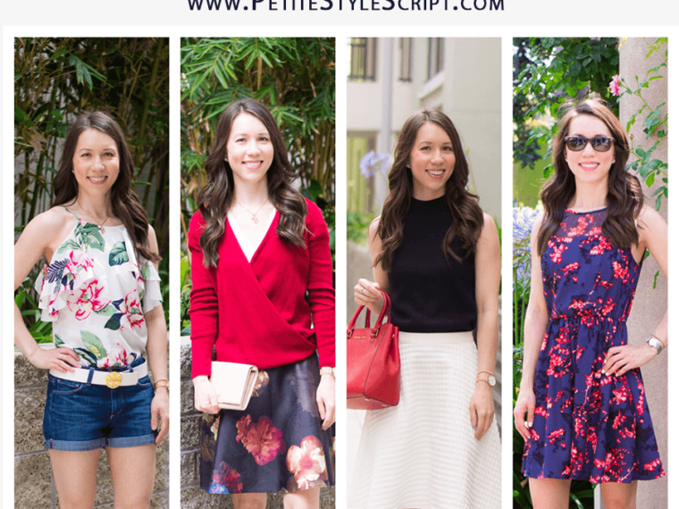 4 Go-To Summer Outfit Formulas | thredUP review | Secondhand first | Capsule Wardrobe | Project333 | Theory white skirt | Floral skirt | NIC+ZOE red cardigan | red bow heels | floral dress | Paige denim shorts floral top | petite fashion style blog