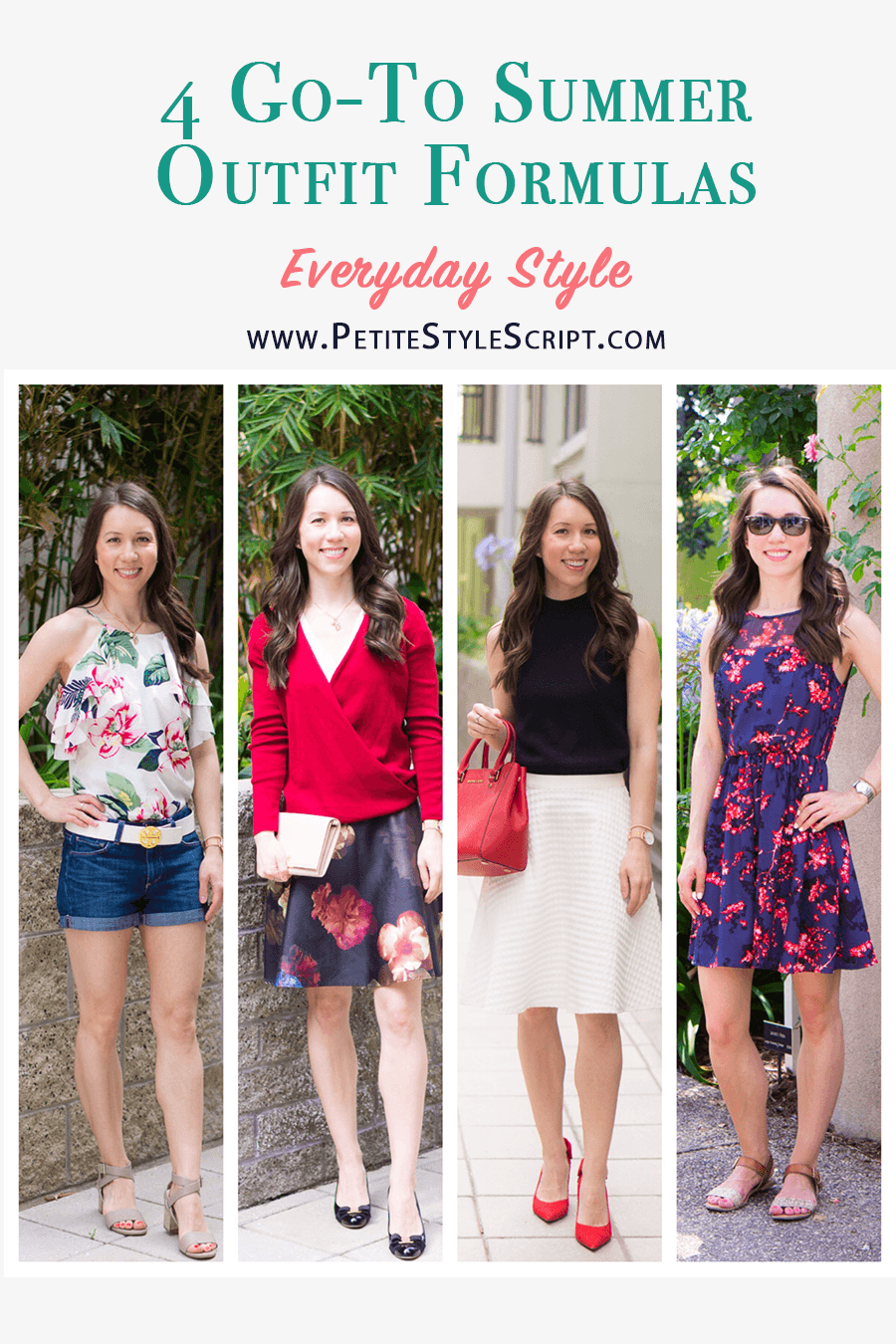4 Go-To Summer Outfit Formulas | thredUP review | Secondhand first | Capsule Wardrobe | Project333 | Theory white skirt | Floral skirt | NIC+ZOE red cardigan | red bow heels | floral dress | Paige denim shorts floral top | petite fashion style blog