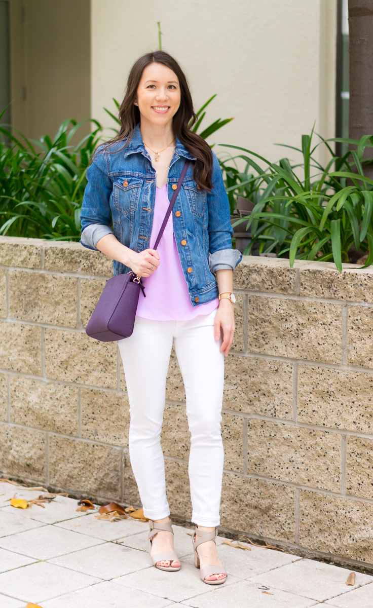 3 Travel Essentials I'm Loving this Season | Smart & Stylish Travel Bags | Lo & Sons Review | Lo & Sons Pearl crossbody bag | Edgemont Backpack | Catalina Deluxe Tote Bag Weekender Bag | M. Gemi Attorno Sandals | Paige white denim | J. Crew Scallop camisole and denim jacket