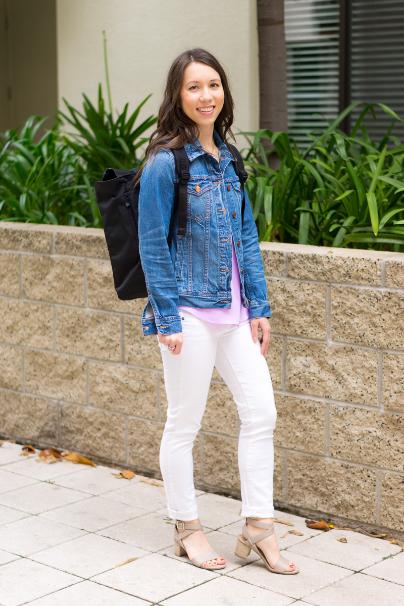 3 Travel Essentials I'm Loving this Season | Smart & Stylish Travel Bags | Lo & Sons Review | Lo & Sons Pearl crossbody bag | Edgemont Backpack | Catalina Deluxe Tote Bag Weekender Bag | M. Gemi Attorno Sandals | Paige white denim | J. Crew Scallop camisole and denim jacket