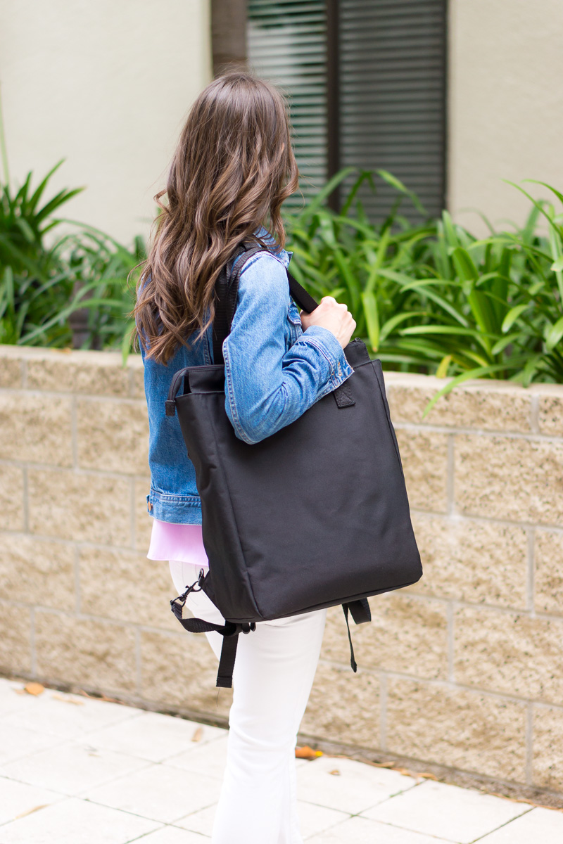 3 Travel Essentials I'm Loving this Season | Smart & Stylish Travel Bags | Lo & Sons Review | Lo & Sons Pearl crossbody bag | Edgemont Backpack | Catalina Deluxe Tote Bag Weekender Bag | M. Gemi Attorno Sandals | Paige white denim | J. Crew Scallop camisole and denim jacket