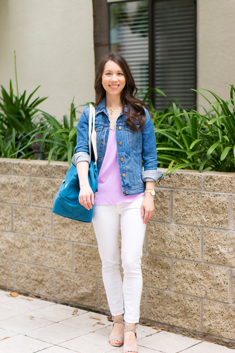 3 Travel Essentials I'm Loving this Season | Smart & Stylish Travel Bags | Lo & Sons Review | Lo & Sons Pearl crossbody bag | Edgemont Backpack | Catalina Deluxe Tote Bag Weekender Bag | M. Gemi Attorno Sandals | Paige white denim | J. Crew Scallop camisole and denim jacket