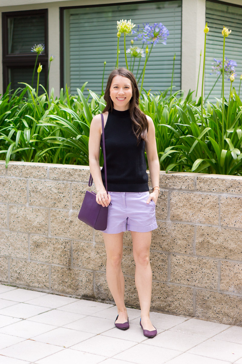 Three Ways to Wear Summer Shorts | Rothy's ballet flats in purple wine with J. Crew Factory lilac shorts and Lo & Son's crossbody bag | Banana Republic shorts and floral top with M. Gemi Attorno sandals | Paige denim shorts with floral top and Tory Burch reversible belt | Petite fashion and style blog with KonMari Philosophy in fashion and capsule wardrobe