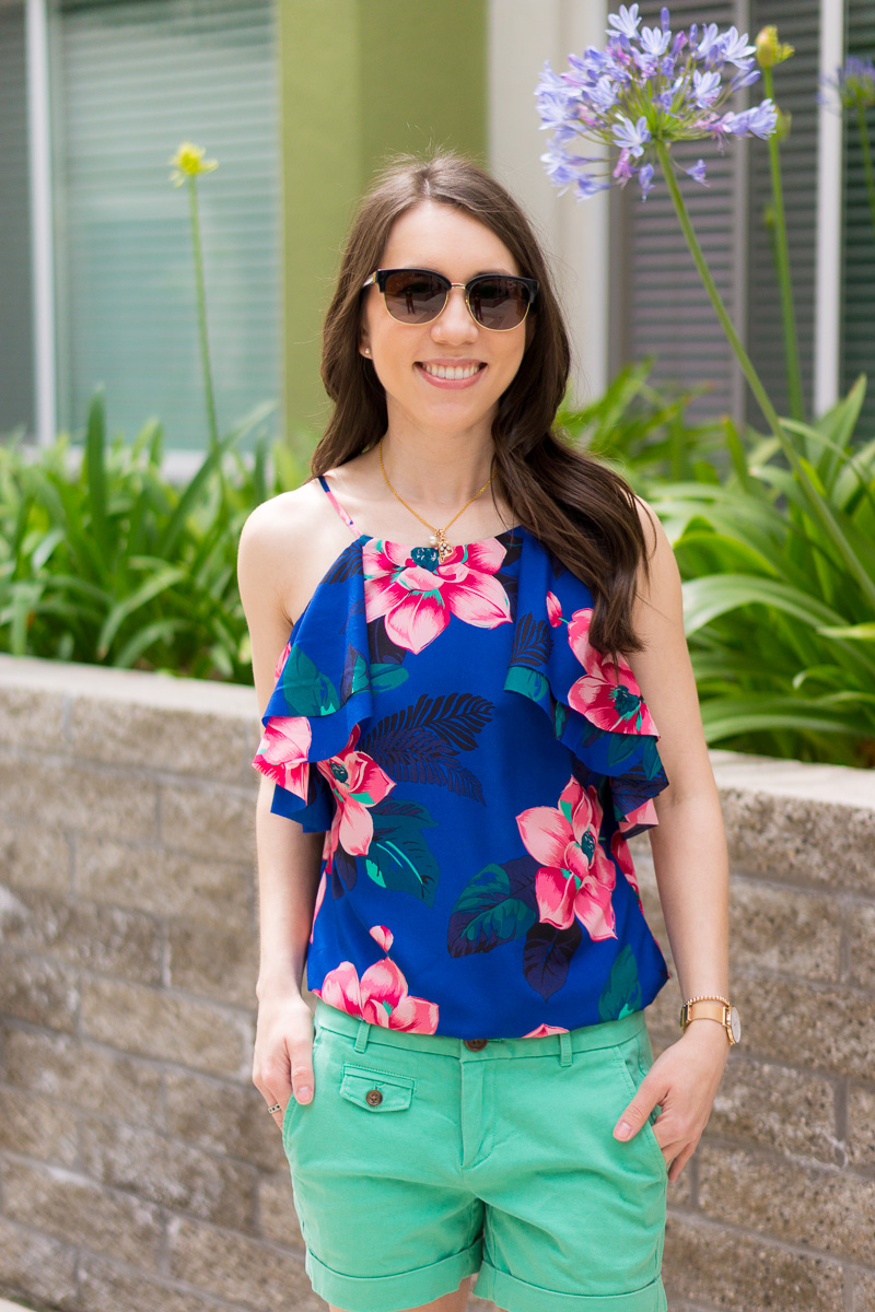 Three Ways to Wear Summer Shorts | Rothy's ballet flats in purple wine with J. Crew Factory lilac shorts and Lo & Son's crossbody bag | Banana Republic shorts and floral top with M. Gemi Attorno sandals | Paige denim shorts with floral top and Tory Burch reversible belt | Petite fashion and style blog with KonMari Philosophy in fashion and capsule wardrobe