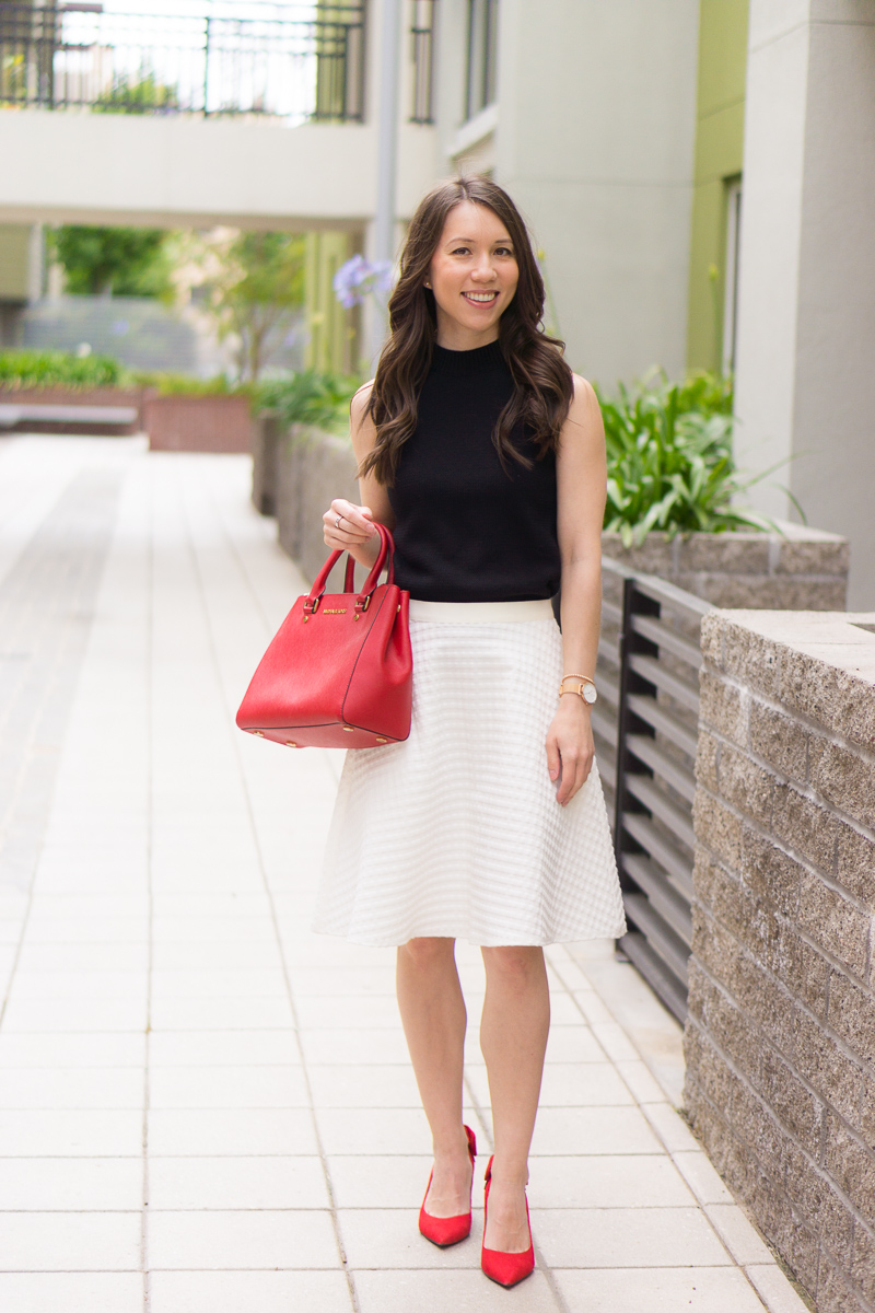 4 Go-To Summer Outfit Formulas | thredUP review | Secondhand first | Capsule Wardrobe | Project333 | Theory white skirt | Floral skirt | NIC+ZOE red cardigan | red bow heels | floral dress | Paige denim shorts floral top | petite fashion style blog via @PStyleScript