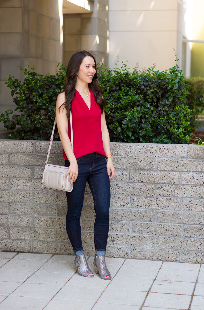 Two Summer Vacation Looks for Easy Outfit Ideas with Vince Camuto July 2018 Review of Shoes and Handbags with the Elison Laser Sandal Booties and Carran Flatform Sandal. Featuring the Vince Camuto Reta Tote Bag and Narra Wallet Bag with Paige denim shorts and a red sleeveless blouse. Perfect for summer capsule wardrobes, KonMari Method fashion & petite fashion and style.