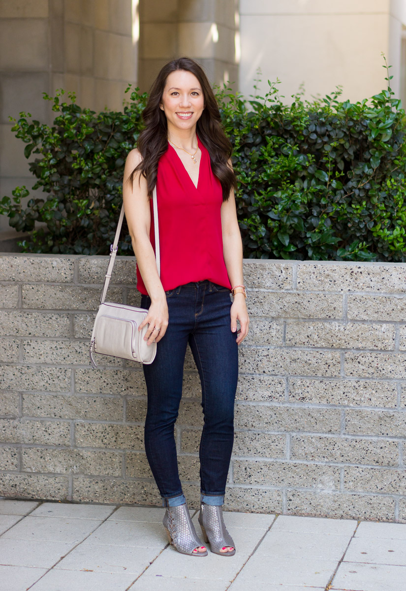 Two Summer Vacation Looks for Easy Outfit Ideas with Vince Camuto July 2018 Review of Shoes and Handbags with the Elison Laser Sandal Booties and Carran Flatform Sandal. Featuring the Vince Camuto Reta Tote Bag and Narra Wallet Bag with Paige denim shorts and a red sleeveless blouse. Perfect for summer capsule wardrobes, KonMari Method fashion & petite fashion and style.