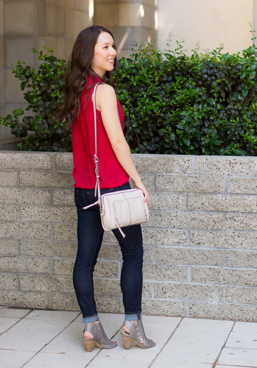 Two Summer Vacation Looks for Easy Outfit Ideas with Vince Camuto July 2018 Review of Shoes and Handbags with the Elison Laser Sandal Booties and Carran Flatform Sandal. Featuring the Vince Camuto Reta Tote Bag and Narra Wallet Bag with Paige denim shorts and a red sleeveless blouse. Perfect for summer capsule wardrobes, KonMari Method fashion & petite fashion and style.