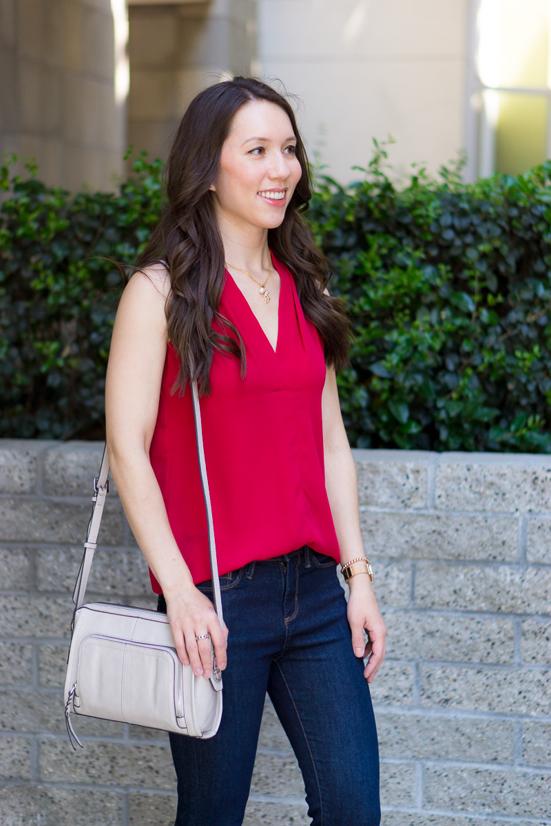 Two Summer Vacation Looks for Easy Outfit Ideas with Vince Camuto July 2018 Review of Shoes and Handbags with the Elison Laser Sandal Booties and Carran Flatform Sandal. Featuring the Vince Camuto Reta Tote Bag and Narra Wallet Bag with Paige denim shorts and a red sleeveless blouse. Perfect for summer capsule wardrobes, KonMari Method fashion & petite fashion and style.