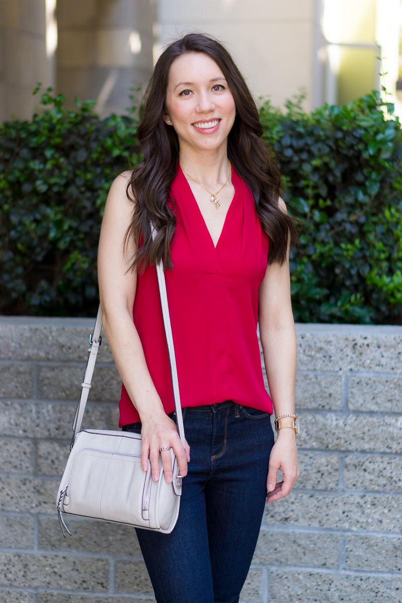 Two Summer Vacation Looks for Easy Outfit Ideas with Vince Camuto July 2018 Review of Shoes and Handbags with the Elison Laser Sandal Booties and Carran Flatform Sandal. Featuring the Vince Camuto Reta Tote Bag and Narra Wallet Bag with Paige denim shorts and a red sleeveless blouse. Perfect for summer capsule wardrobes, KonMari Method fashion & petite fashion and style.
