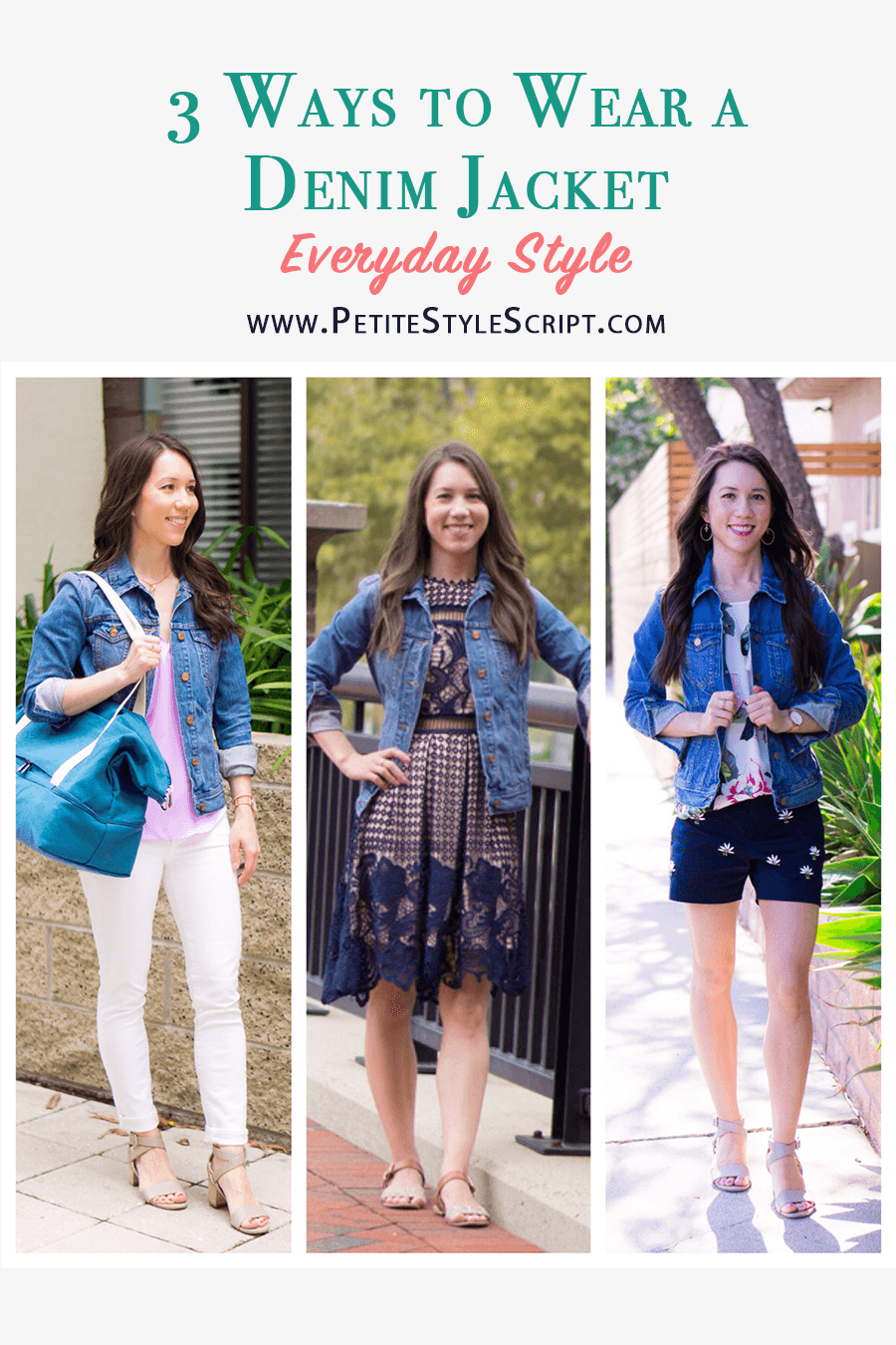 Three ways to wear a denim jacket from J. Crew or J. Crew Factory stores in petite-friendly sizing. Petite Fashion and Style Blog with Aqua lace dress, Shorts or Paige white denim and M. Gemi Attorno Scandals, Lo & Sons Catalina Bag