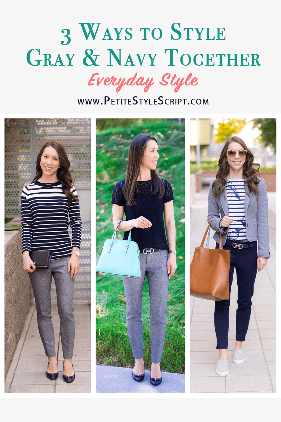 Learn three ways to style gray and navy together with these outfit ideas and capsule wardrobe inspiration. Plus, petite-friendly fit advice, how to wear navy and gray together. Petite fashion and style blog by Dr. Jessica Louie, Certified KonMari Consultant Los Angeles. M. Gemi Cerchio sneakers