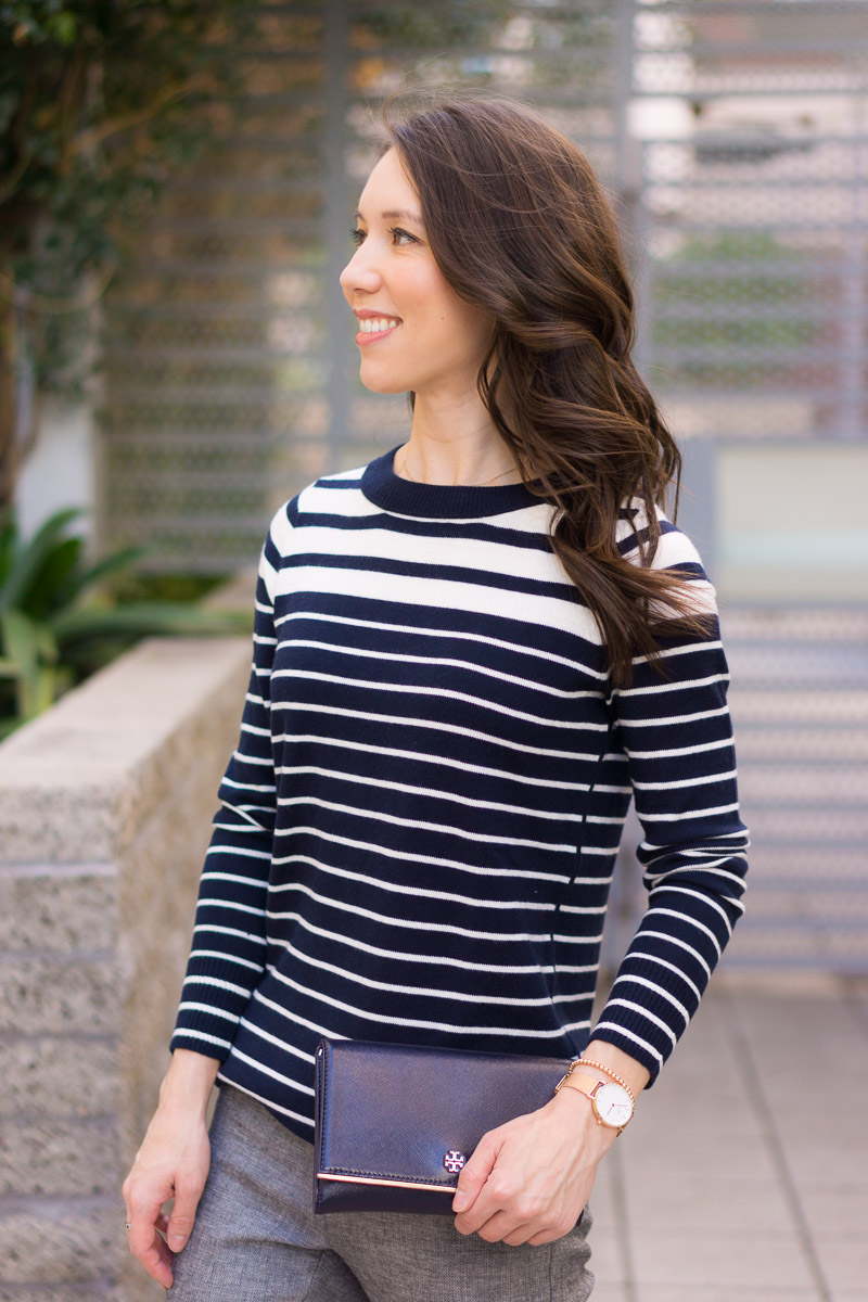 Learn three ways to style gray and navy together with these outfit ideas and capsule wardrobe inspiration. Plus, petite-friendly fit advice, how to wear navy and gray together. Petite fashion and style blog by Dr. Jessica Louie, Certified KonMari Consultant Los Angeles. 