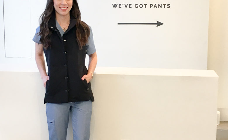 FIGS Scrubs Pop-Up Store Review Los Angeles & New Petite-Friendly Fits for healthcare professionals petite women, pharmacists, nurse, physician, doctor holiday gifts. Wear FIGS scrubs review for vest, fleece jacket, heather indigo petite jogger pants, yola skinny pants, M. Gemi Cerchio slip-on sneakers, Poplin pajamas, White Coat for doctors. Petite Style Script & Find Your Script by Dr. Jessica Louie