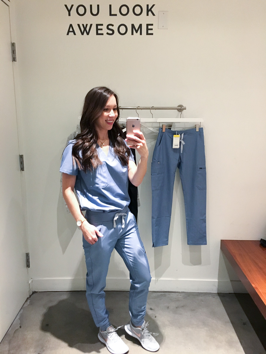 FIGS Scrubs Pop-Up Store Review Los Angeles & New Petite-Friendly Fits for healthcare professionals petite women, pharmacists, nurse, physician, doctor holiday gifts. Wear FIGS scrubs review for vest, fleece jacket, heather indigo petite jogger pants, yola skinny pants, M. Gemi Cerchio slip-on sneakers, Poplin pajamas, White Coat for doctors. Petite Style Script & Find Your Script by Dr. Jessica Louie