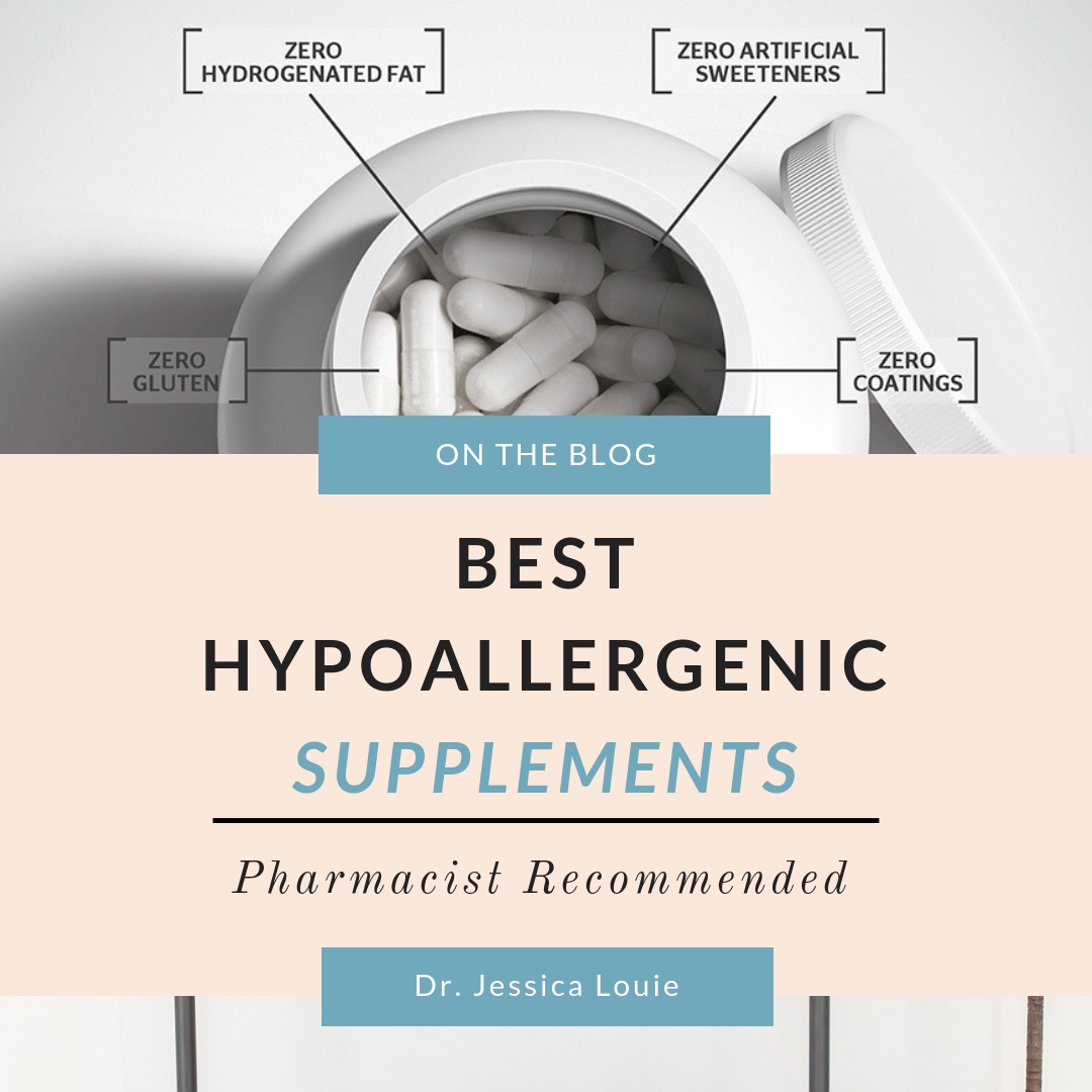 Pure Encapsulations Dietary Supplement Review of hypoallergenic dietary supplements, vitamins, minerals from Pharmacist, PharmD, Dr. Jessica Louie. Gluten-free, organic, zero artificial colors, coatings vitamins, supplements, calcium, magnesium, professional brand, fish oil, vitamin b-complex, folic acid, pharmacist recommended