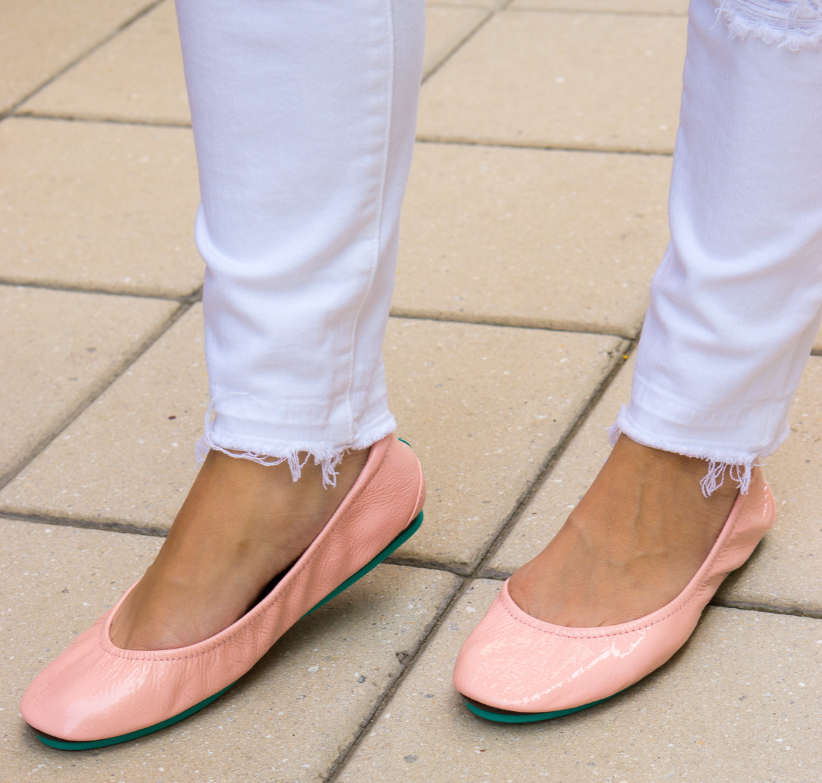 Tieks Cotton Candy Pink Ballet Flats Review with Sheec Socks SockShion Cushion for travel casual to date night outfit ideas for petite fashion style blog. Light pink ballet flats with J. Brand destructed white jeans, J. Crew Factory denim jacket, v-neck tee, Faux Leather Jacket, Lo & Sons Pearl purple crossbody bag, Tory Burch Leather Chain Wallet 4-in-one wallet handbag. Best no-show socks review. Summer capsule wardrobe free download minimalist fashion style KonMari Method. Dr. Jessica Louie 