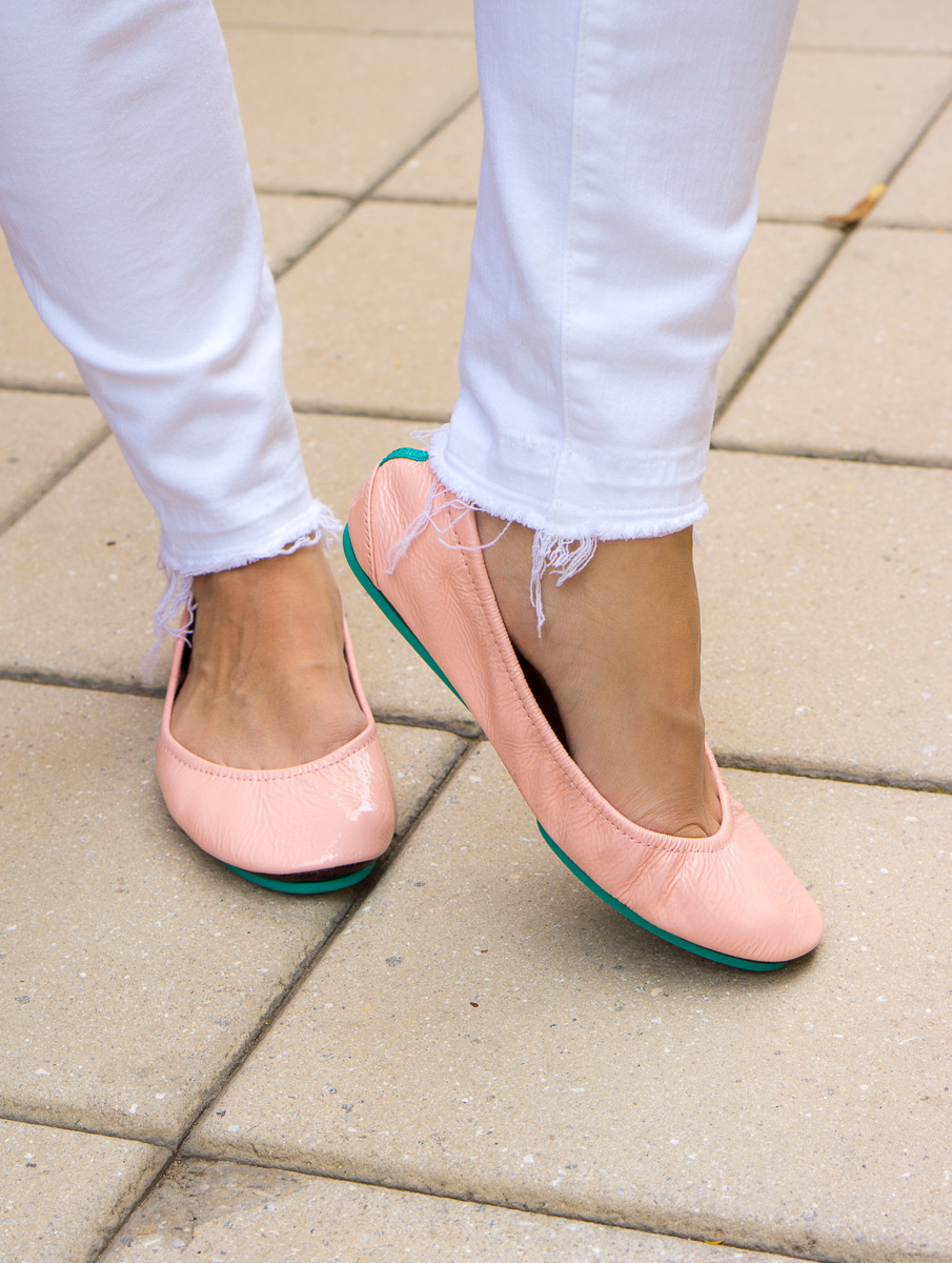 Tieks Cotton Candy Pink Ballet Flats Review with Sheec Socks SockShion Cushion for travel casual to date night outfit ideas for petite fashion style blog. Light pink ballet flats with J. Brand destructed white jeans, J. Crew Factory denim jacket, v-neck tee, Faux Leather Jacket, Lo & Sons Pearl purple crossbody bag, Tory Burch Leather Chain Wallet 4-in-one wallet handbag. Best no-show socks review. Summer capsule wardrobe free download minimalist fashion style KonMari Method. Dr. Jessica Louie