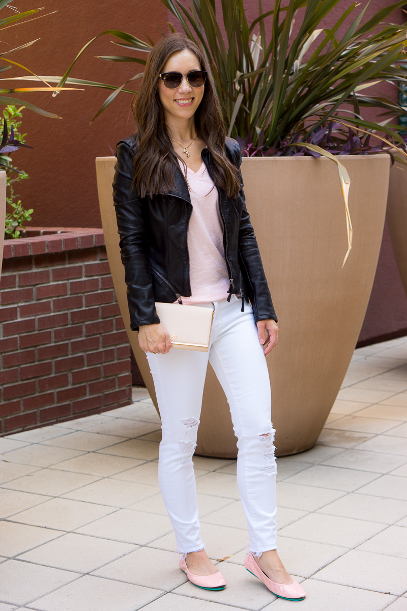 Tieks Cotton Candy Pink Ballet Flats Review with Sheec Socks SockShion Cushion for travel casual to date night outfit ideas for petite fashion style blog. Light pink ballet flats with J. Brand destructed white jeans, J. Crew Factory denim jacket, v-neck tee, Faux Leather Jacket, Lo & Sons Pearl purple crossbody bag, Tory Burch Leather Chain Wallet 4-in-one wallet handbag. Best no-show socks review. Summer capsule wardrobe free download minimalist fashion style KonMari Method. Dr. Jessica Louie 