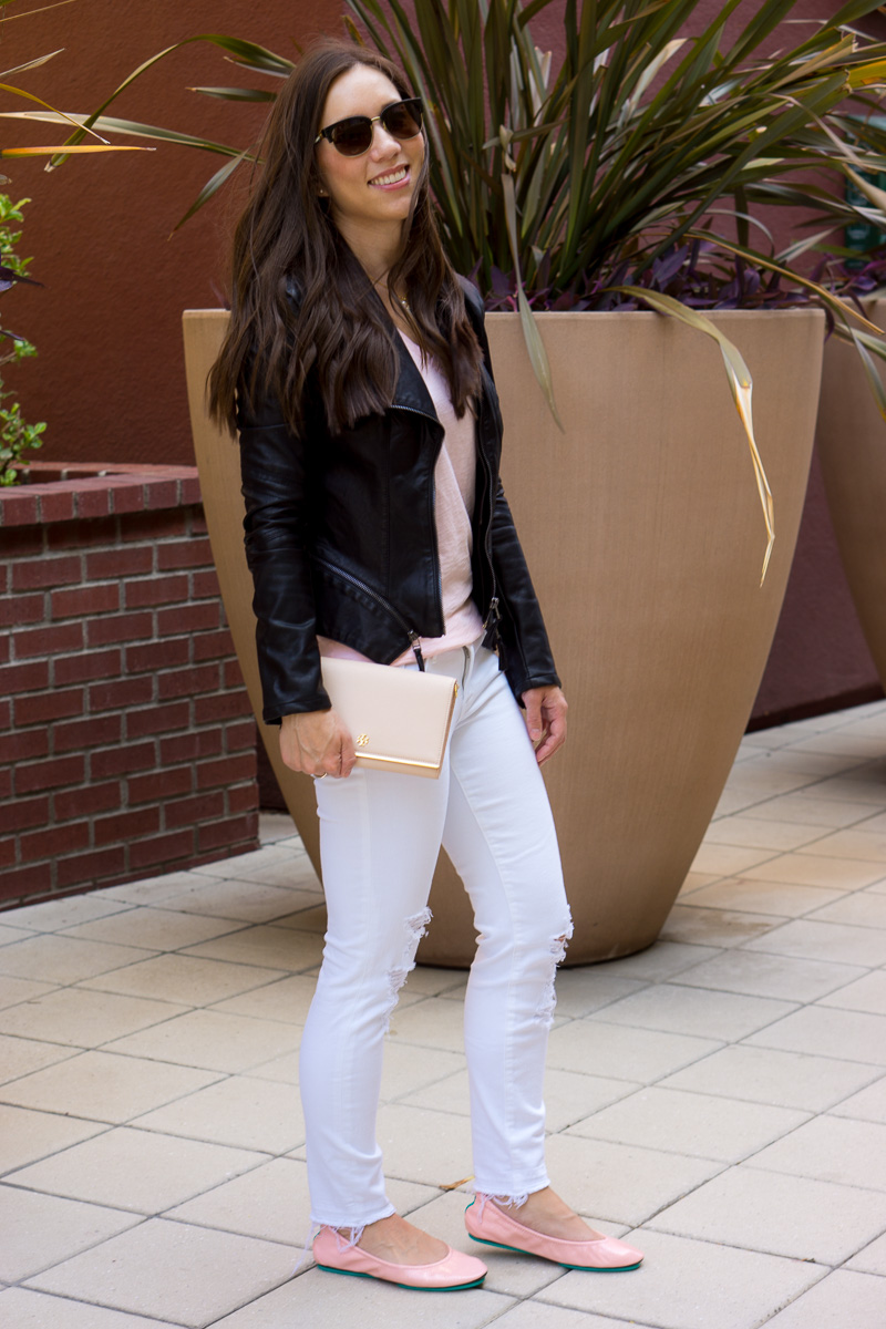 Tieks Cotton Candy Pink Ballet Flats Review with Sheec Socks SockShion Cushion for travel casual to date night outfit ideas for petite fashion style blog. Light pink ballet flats with J. Brand destructed white jeans, J. Crew Factory denim jacket, v-neck tee, Faux Leather Jacket, Lo & Sons Pearl purple crossbody bag, Tory Burch Leather Chain Wallet 4-in-one wallet handbag. Best no-show socks review. Summer capsule wardrobe free download minimalist fashion style KonMari Method. Dr. Jessica Louie 