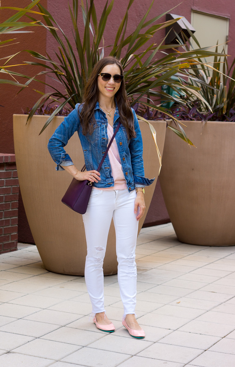 Tieks Cotton Candy Pink Ballet Flats Review with Sheec Socks SockShion Cushion for travel casual to date night outfit ideas for petite fashion style blog. Light pink ballet flats with J. Brand destructed white jeans, J. Crew Factory denim jacket, v-neck tee, Faux Leather Jacket, Lo & Sons Pearl purple crossbody bag, Tory Burch Leather Chain Wallet 4-in-one wallet handbag. Best no-show socks review. Summer capsule wardrobe free download minimalist fashion style KonMari Method. Dr. Jessica Louie