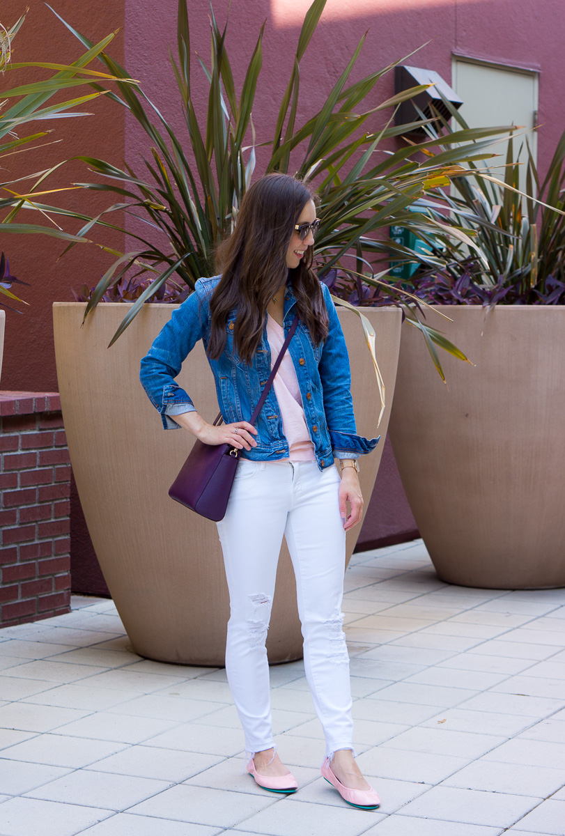 Tieks Cotton Candy Pink Ballet Flats Review with Sheec Socks SockShion Cushion for travel casual to date night outfit ideas for petite fashion style blog. Light pink ballet flats with J. Brand destructed white jeans, J. Crew Factory denim jacket, v-neck tee, Faux Leather Jacket, Lo & Sons Pearl purple crossbody bag, Tory Burch Leather Chain Wallet 4-in-one wallet handbag. Best no-show socks review. Summer capsule wardrobe free download minimalist fashion style KonMari Method. Dr. Jessica Louie 