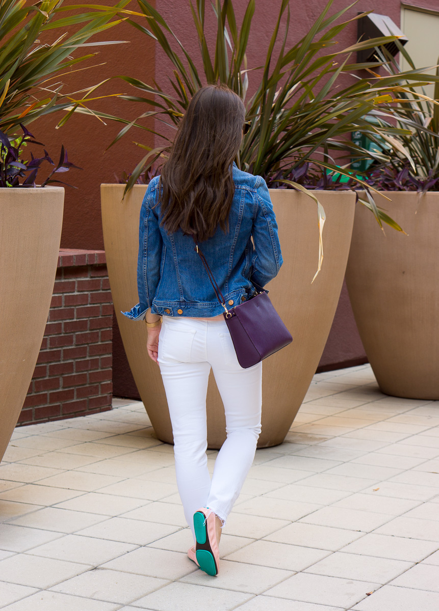 Tieks Cotton Candy Pink Ballet Flats Review with Sheec Socks SockShion Cushion for travel casual to date night outfit ideas for petite fashion style blog. Light pink ballet flats with J. Brand destructed white jeans, J. Crew Factory denim jacket, v-neck tee, Faux Leather Jacket, Lo & Sons Pearl purple crossbody bag, Tory Burch Leather Chain Wallet 4-in-one wallet handbag. Best no-show socks review. Summer capsule wardrobe free download minimalist fashion style KonMari Method. Dr. Jessica Louie