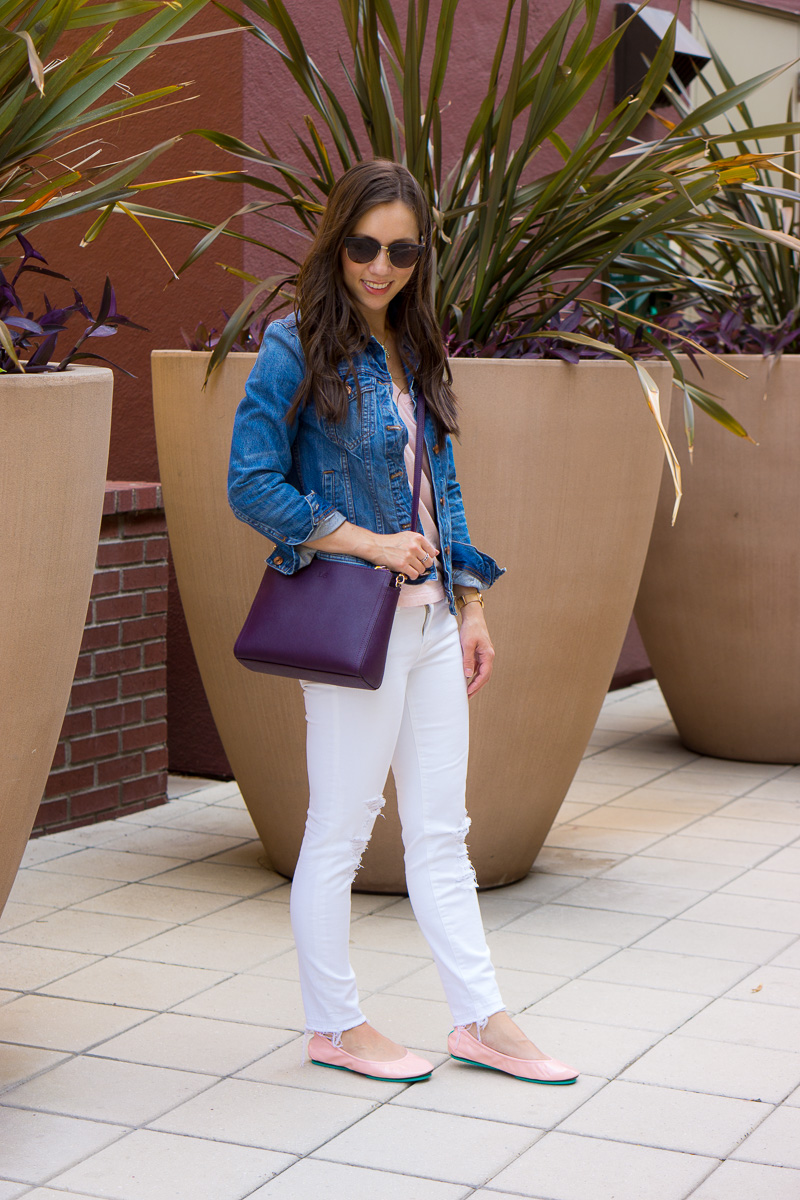 Tieks Cotton Candy Pink Ballet Flats Review with Sheec Socks SockShion Cushion for travel casual to date night outfit ideas for petite fashion style blog. Light pink ballet flats with J. Brand destructed white jeans, J. Crew Factory denim jacket, v-neck tee, Faux Leather Jacket, Lo & Sons Pearl purple crossbody bag, Tory Burch Leather Chain Wallet 4-in-one wallet handbag. Best no-show socks review. Summer capsule wardrobe free download minimalist fashion style KonMari Method. Dr. Jessica Louie 