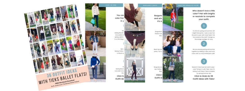 36 outfit ideas to wear with Tieks ballet flats. 36 Tieks outfit ideas by Dr. Jessica Louie of Petite Style Script blog. Capsule wardrobes for pharmacists and healthcare professionals with ballet flats to wear comfortably all day long in the hospital or clinic. Declutter your closet mini course.